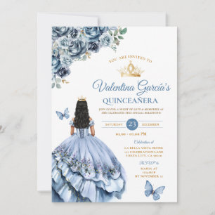 Dusty Blue Dress Quinceañera 15 Anos Flowers Gold Invitation