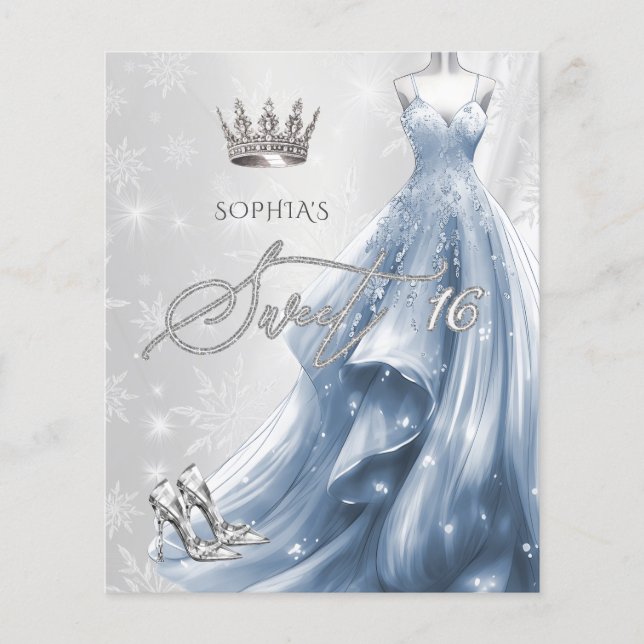 Dusty Blue Dress Snowflakes Sweet 16 Invitation (Front)