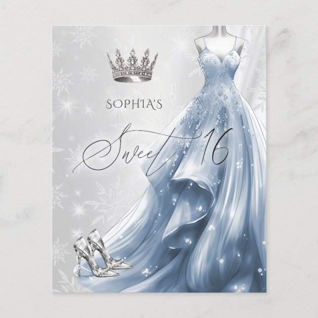 Dusty Blue Dress Snowflakes Sweet 16 Invitation (Front)