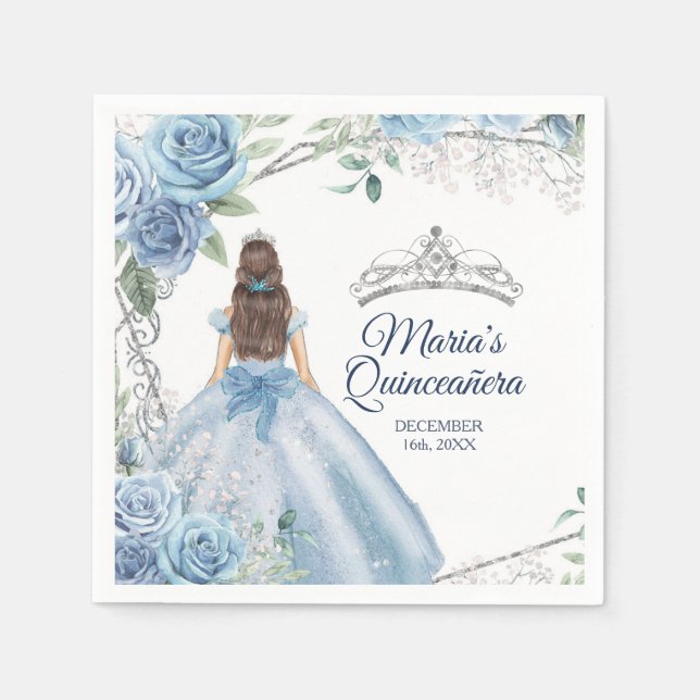 Dusty Blue Dresses Quinceañera Crown Birthday Napkin (Front)