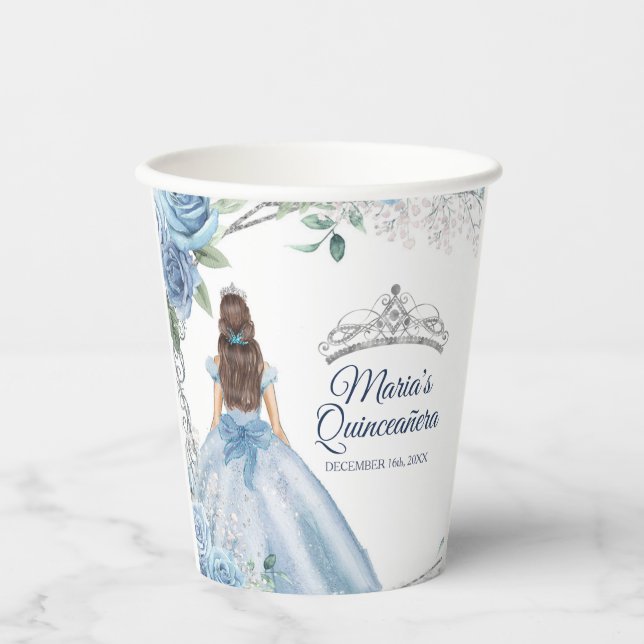 Dusty Blue Dresses Quinceañera Crown Birthday Paper Cups (Front)