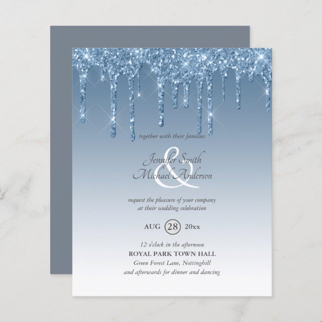 Dusty Blue dripping Glitter Wedding Invite (Front/Back)