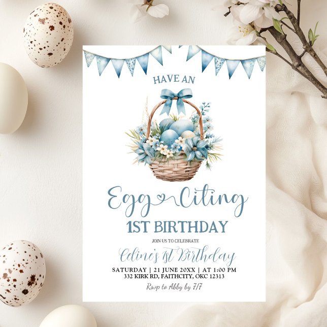 Dusty Blue Eggciting Birthday Invitation (Creator Uploaded)