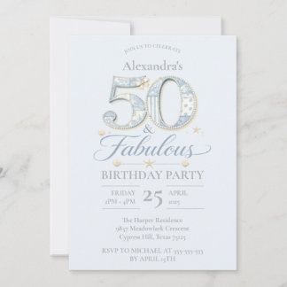 Dusty Blue Elegant 50 & Fabulous Birthday Invitation