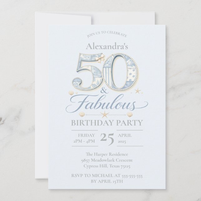 Dusty Blue Elegant 50 & Fabulous Birthday Invitation (Front)