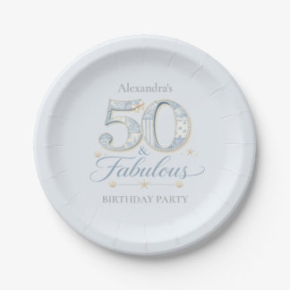 Dusty Blue Elegant 50 & Fabulous Birthday Paper Plate