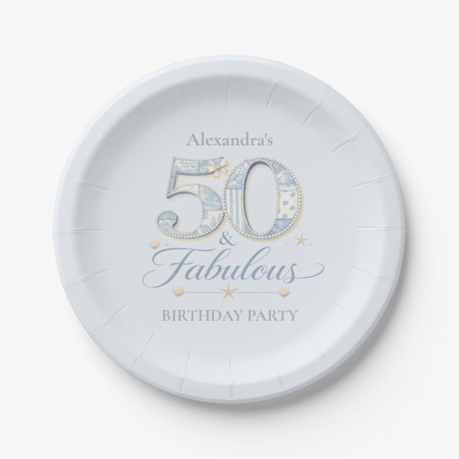 Dusty Blue Elegant 50 & Fabulous Birthday Paper Plate (Front)