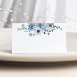 Dusty blue elegant anemone wedding place card