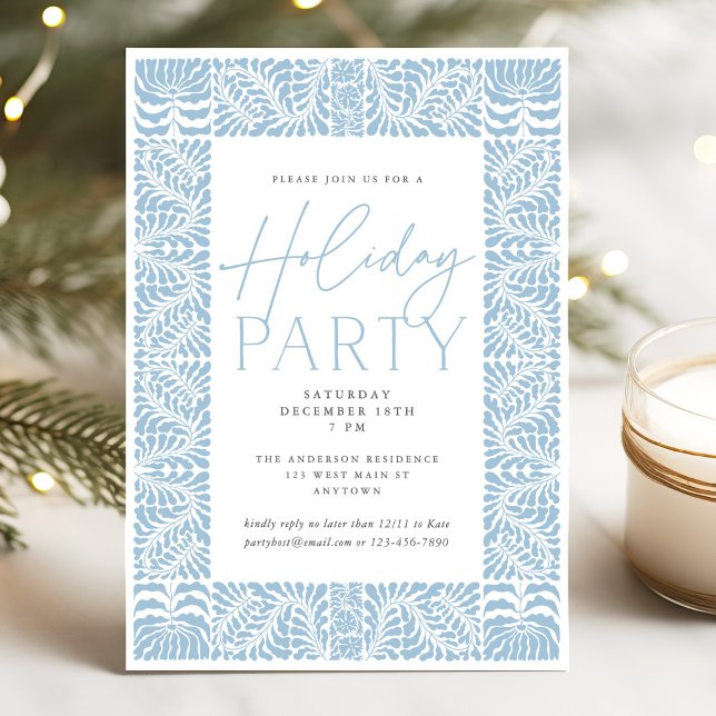 Dusty Blue Elegant Arts Crafts Style Holiday Party Invitation (Creator Uploaded)