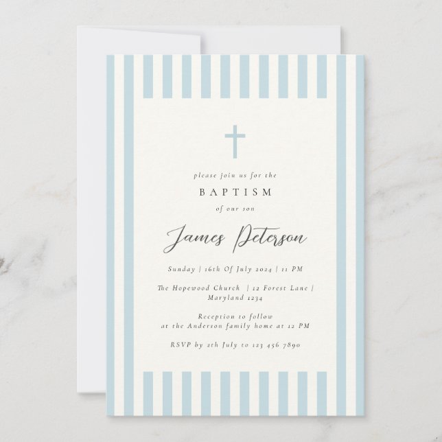 Dusty Blue Elegant Baptism Boy Invitation (Front)