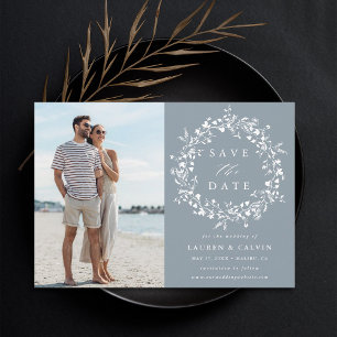 Dusty Blue Elegant Boho Wildflower Wedding Photo Save The Date