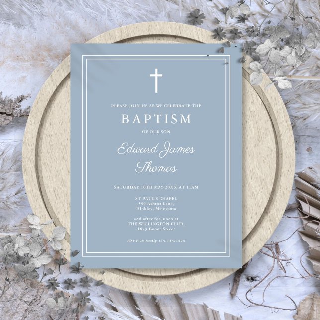 Dusty Blue Elegant Border Baptism Invitation Postcard (Dusty Blue Elegant Border Baptism Invitation Postcard)