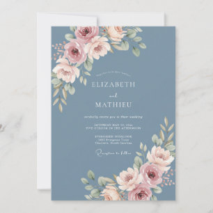 Dusty Blue Elegant Botanical Wedding Invitation
