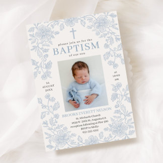 Dusty Blue Elegant Boy Baptism Invitation