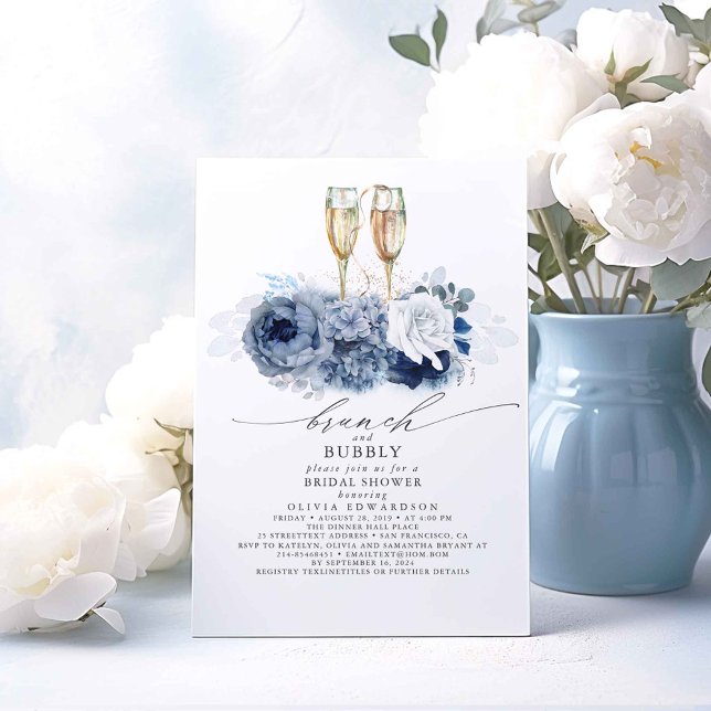 Dusty Blue Elegant Brunch and Bubbly Bridal Shower Invitation (Dusty Blue Floral Bridal Shower Invitations Brunch and Bubbly)