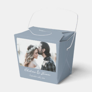 Dusty Blue Elegant Calligraphy Photo Wedding  Favour Box