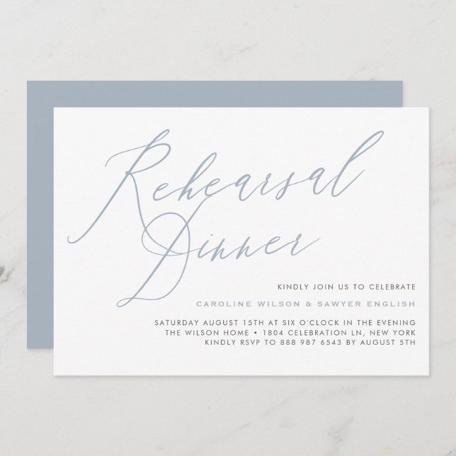 Dusty Blue Elegant Calligraphy Rehearsal Dinner Invitation (Front/Back)