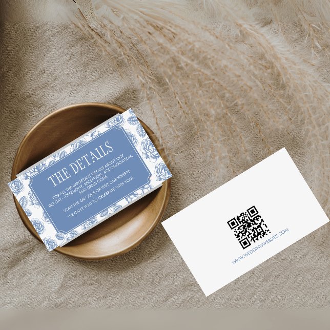 Dusty Blue Elegant Chinoiserie Wedding Details Enclosure Card (Dusty Blue Vintage Elegant Wedding Details Card with QR Code)