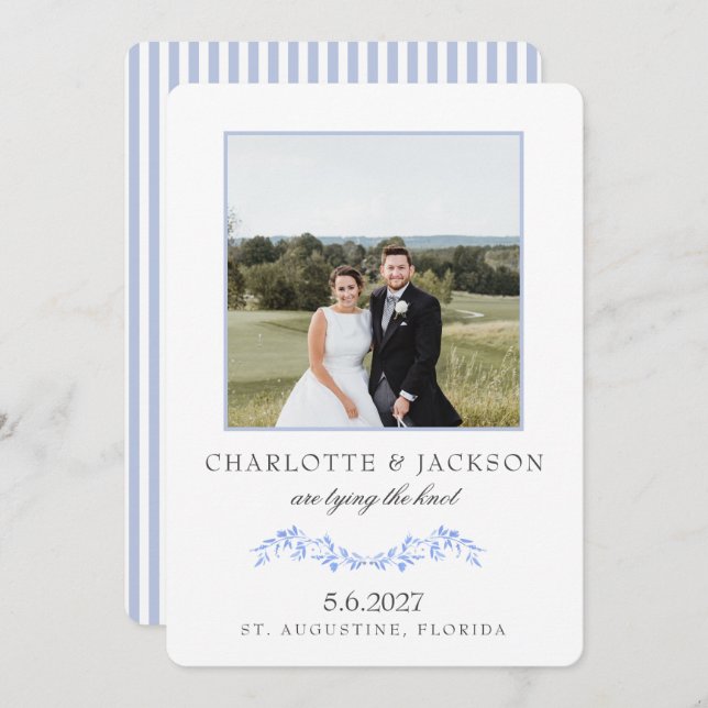 Dusty Blue Elegant Classic Floral With Photo Save The Date (Front/Back)