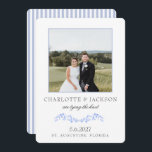 Dusty Blue Elegant Classic Floral With Photo Save The Date<br><div class="desc">Dusty Blue Delicate Elegant Classic Floral Save the Date. This watercolor save the date features delicate blue flowers and stripes at the back of the save the date card. This suite is perfect for the bride with a feminine style but who wants a clean and classic wedding. If you need...</div>