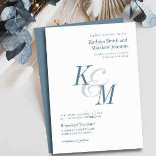 Dusty Blue Elegant Classic Monogram Wedding Invitation