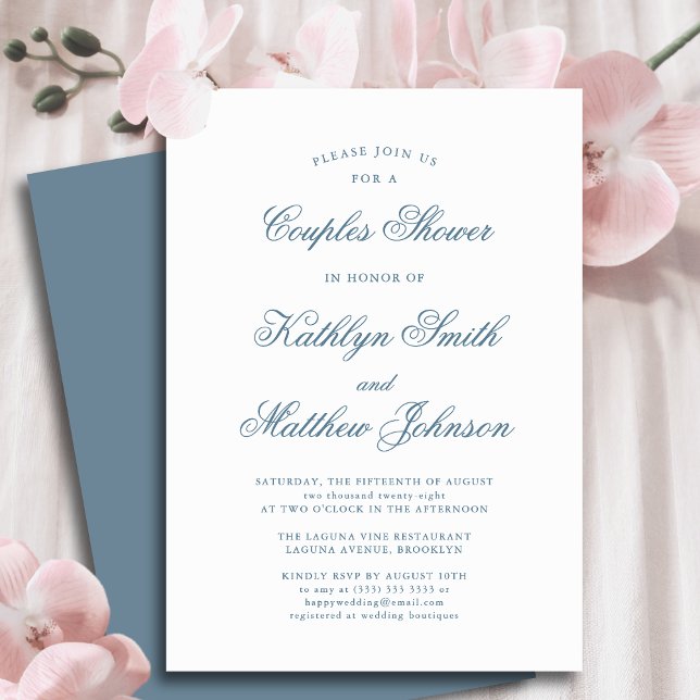 Dusty Blue Elegant Classic Script Couples Shower Invitation (Creator Uploaded)