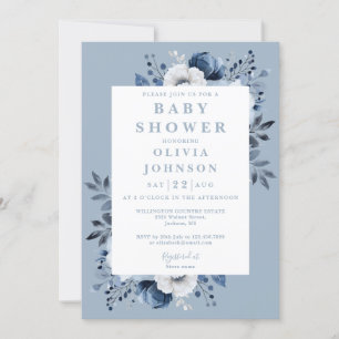 Dusty Blue Elegant Country Floral Baby Shower Invitation