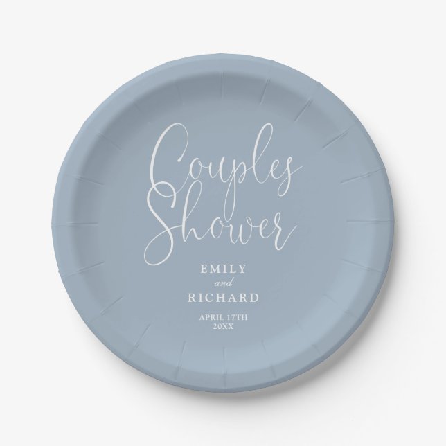 Dusty Blue Elegant Couples Bridal Wedding Shower Paper Plate (Front)