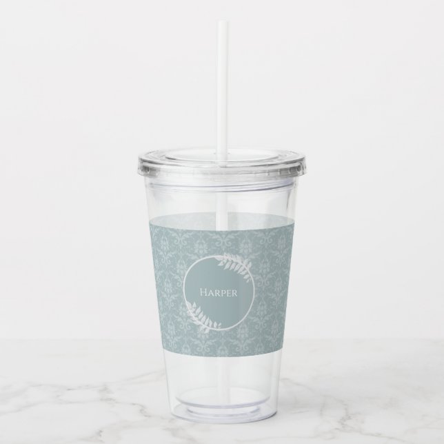 Dusty Blue Elegant Damask Personalised Acrylic Tumbler (Front)