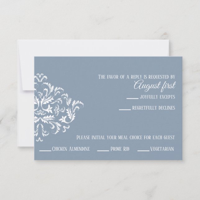 Dusty Blue Elegant Damask RSVP card (Front)