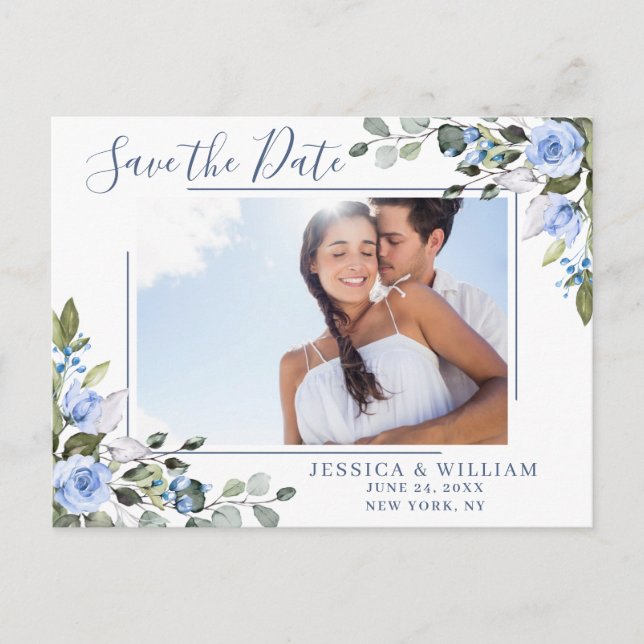 Dusty Blue Elegant Eucalyptus PHOTO Save the Date Postcard (Front)