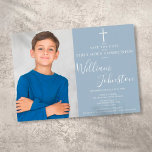 Dusty Blue Elegant First Holy Communion Photo Save The Date<br><div class="desc">Elegant First Holy Communion signature save the date invitation featuring an elegant script signature name and special photo on a dusty blue background. Personalise with your special event information in chic lettering. Designed by Thisisnotme©</div>
