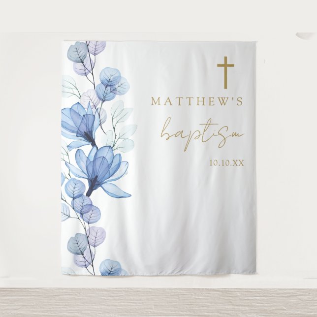 Dusty Blue Elegant Floral Baptism Photo Backdrop Tapestry (Front)