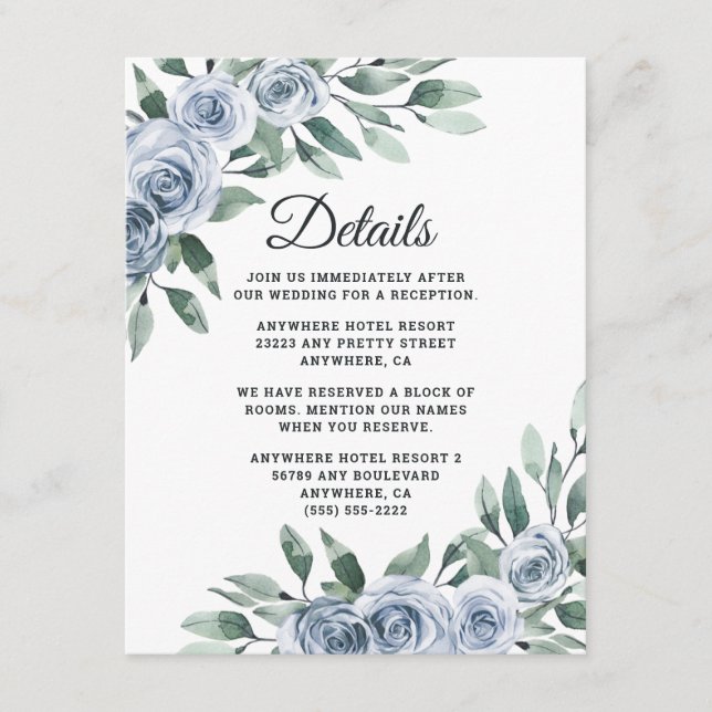 Dusty Blue Elegant Floral Boho Rose Rustic Wedding Enclosure Card (Front)