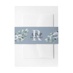 Dusty Blue Elegant Floral Boho Rose Rustic Wedding Invitation Belly Band