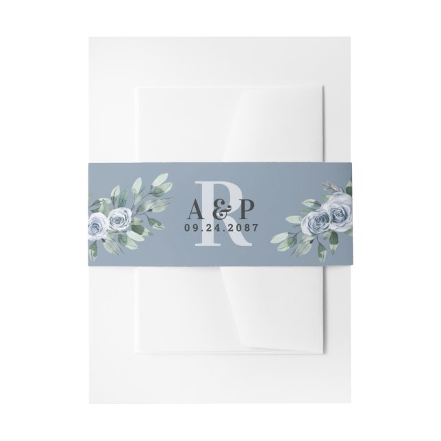 Dusty Blue Elegant Floral Boho Rose Rustic Wedding Invitation Belly Band (Front Example)