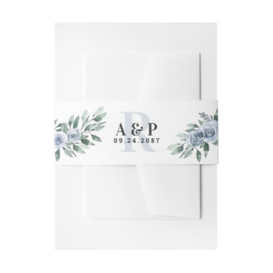 Dusty Blue Elegant Floral Boho Rose Rustic Wedding Invitation Belly Band