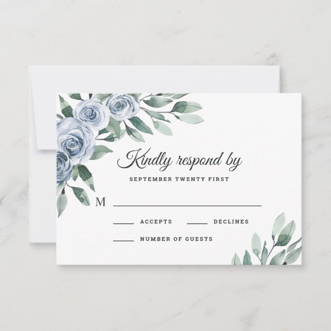 Dusty Blue Elegant Floral Boho Rose Rustic Wedding RSVP Card (Front)