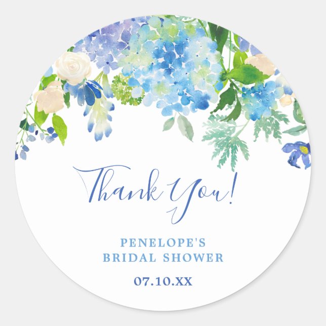 Dusty Blue Elegant Floral Calligraphy Thank You  Classic Round Sticker (Front)