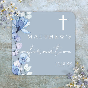 Dusty Blue Elegant Floral Confirmation Square Sticker
