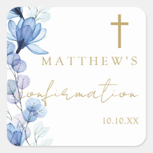 Dusty Blue Elegant Floral Confirmation Square Sticker