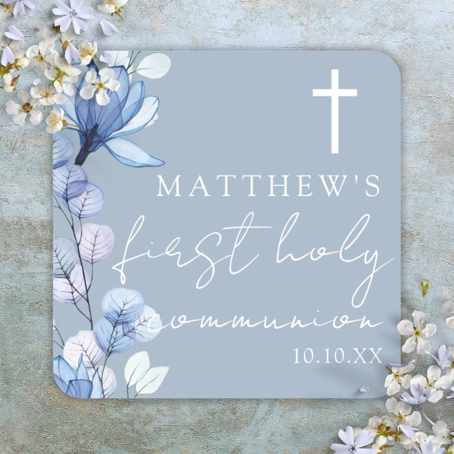 Dusty Blue Elegant Floral First Holy Communion Square Sticker (Dusty Blue Elegant Floral First Holy Communion Square Sticker)