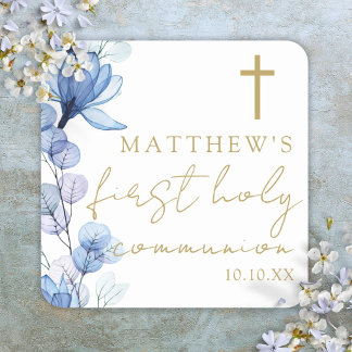 Dusty Blue Elegant Floral First Holy Communion Square Sticker