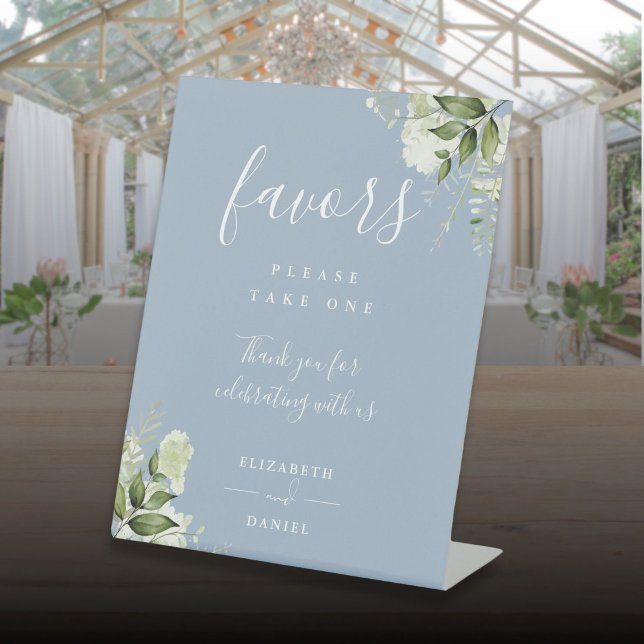 Dusty Blue Elegant Floral Greenery Favours  Pedestal Sign (Dusty Blue Elegant Floral Greenery Favors Pedestal Sign)