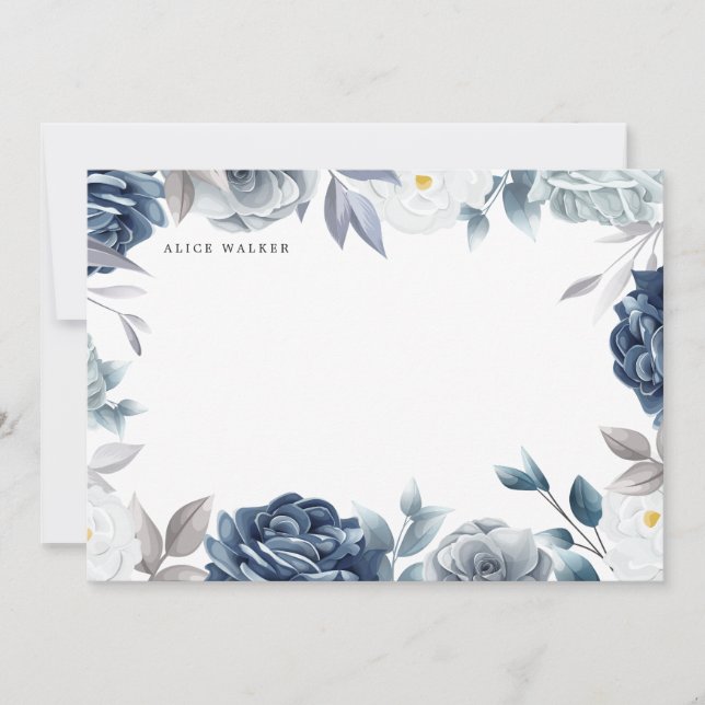 Dusty blue elegant floral monogram card (Front)