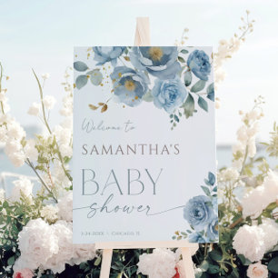 Dusty blue elegant floral rose baby shower welcome poster