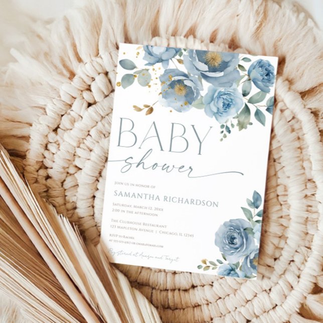 Dusty blue elegant floral roses boy baby shower invitation (Creator Uploaded)