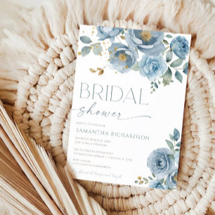 Dusty blue elegant floral roses bridal shower invitation