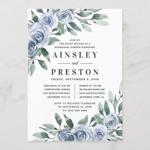Dusty Blue Elegant Floral Rustic Rehearsal Dinner Invitation