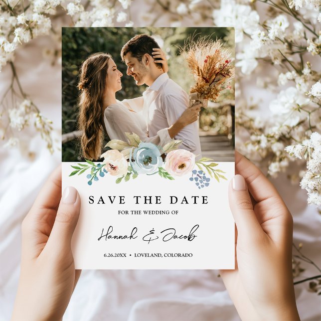 Dusty Blue Elegant Floral Rustic Save The Date (Creator Uploaded)